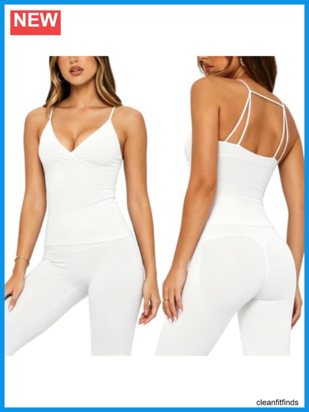 V Neck Spaghetti Strap Tank Top High Waist Yoga Leggings Set Padded